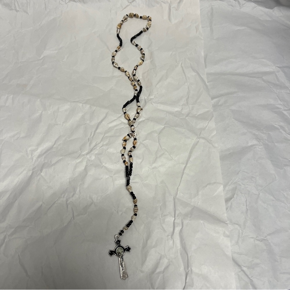 Handmade Italian Rosary Necklace with White Cowrie Shells and Celtic Crucifix.